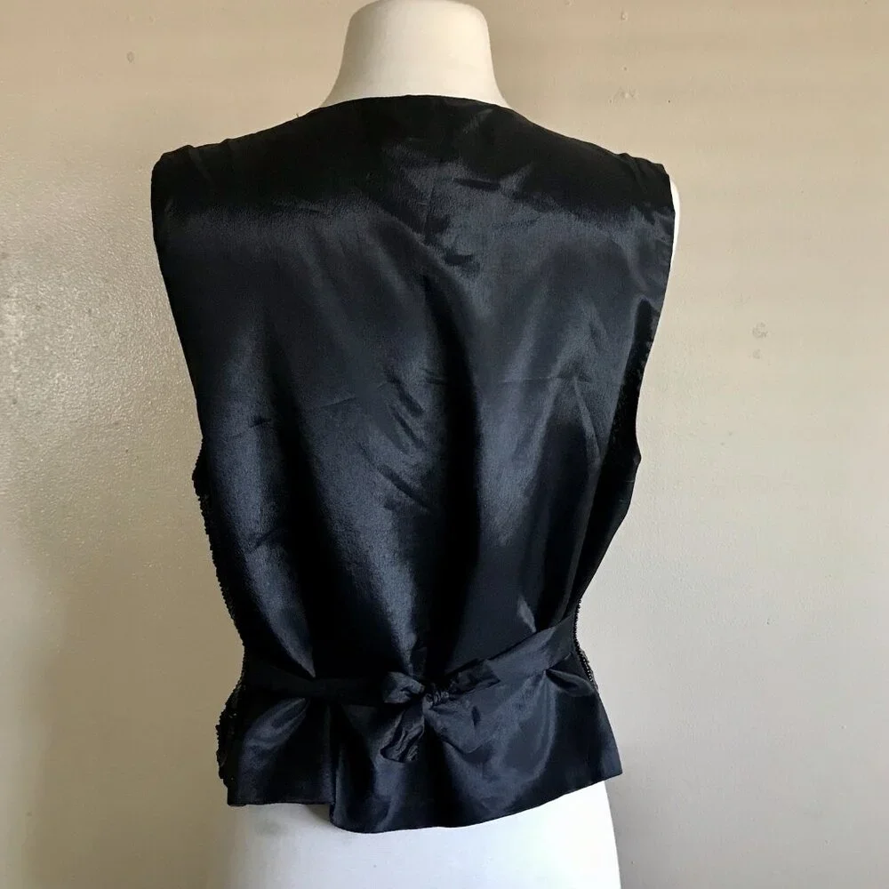 Vintage 90s Spencer Jeremy Black Beaded Sequin Silk Vest - Size M - Picture 5 of 8